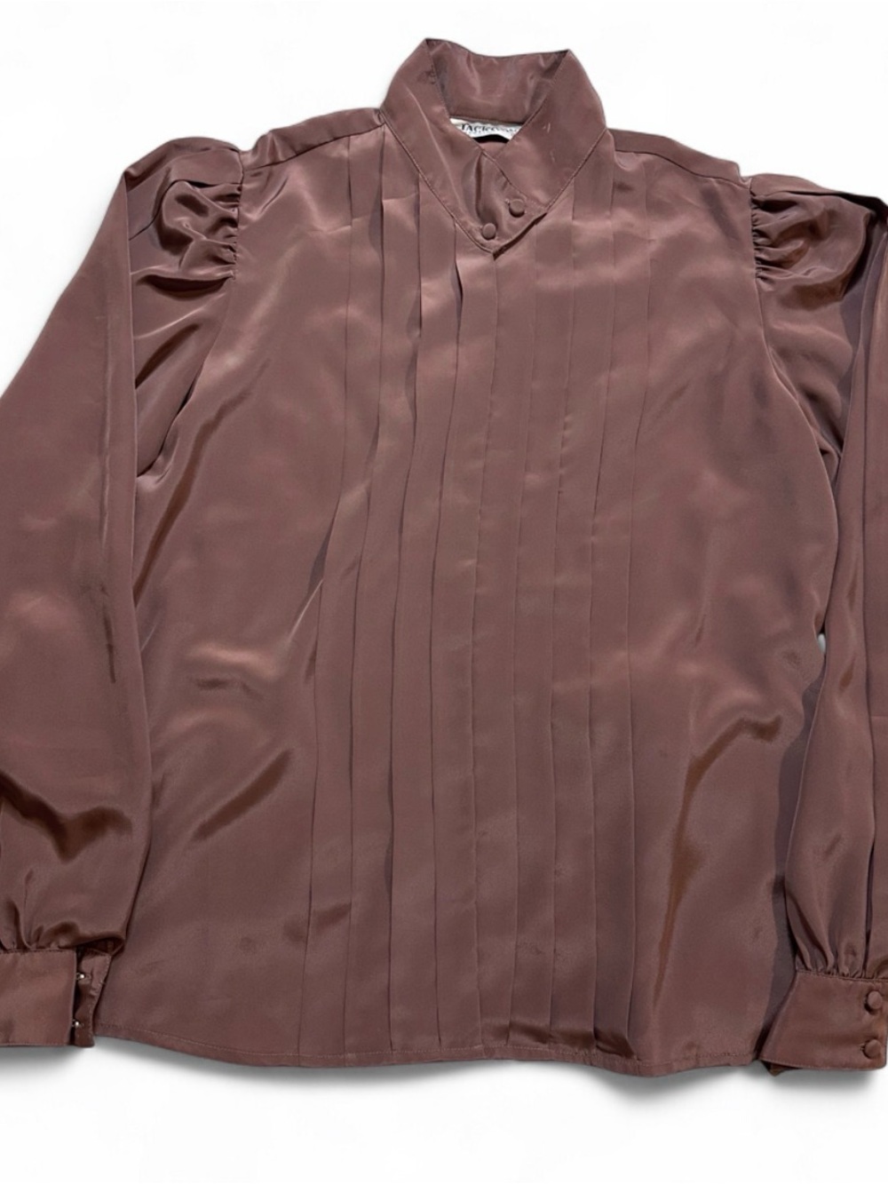Vintage Jackson Square Pleated Mock-Neck Long Sleeve Blouse